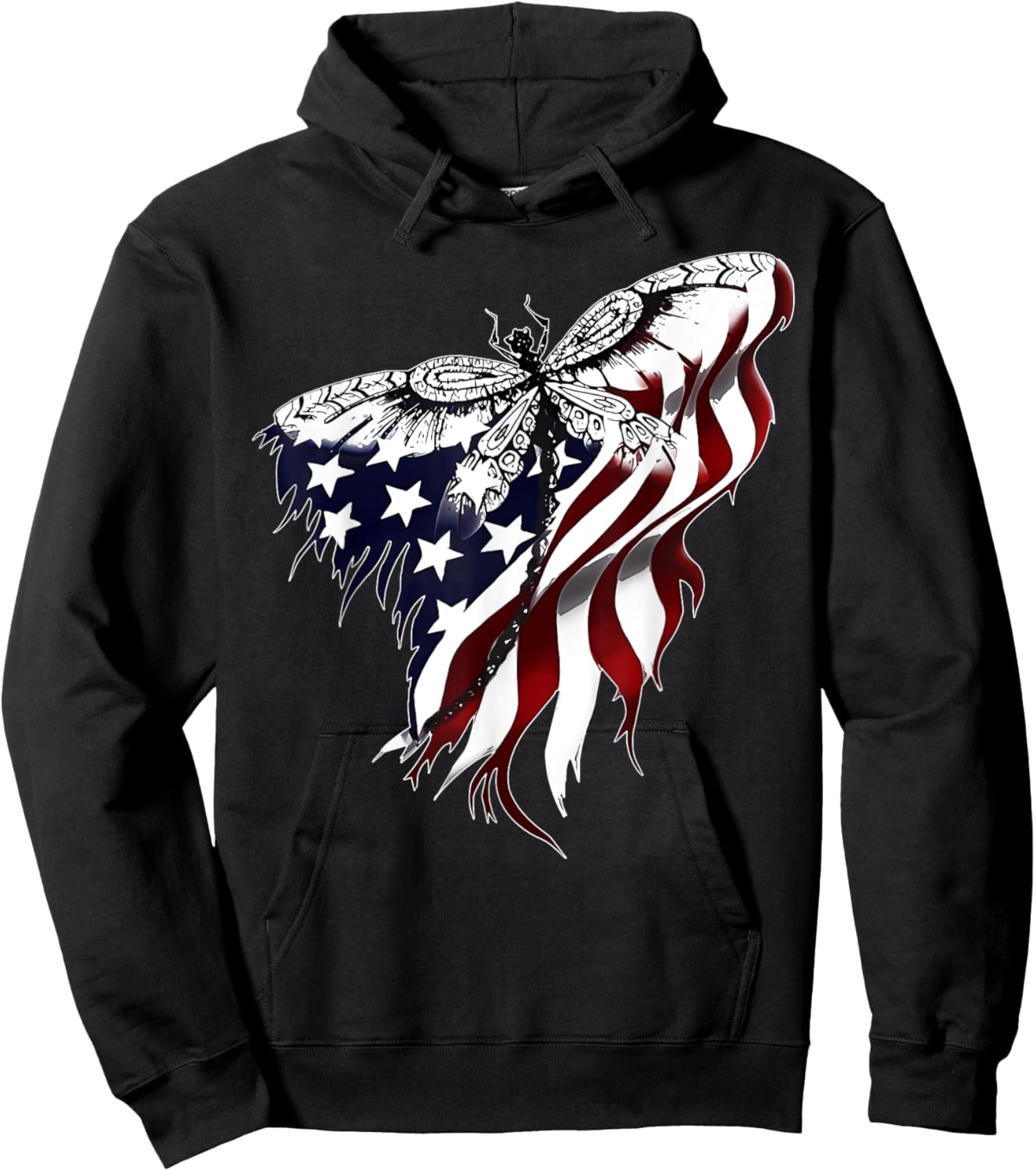 American Flag Dragonfly Patriotic 4th of July Red White Blue Hoodie - Hoodie | Black
