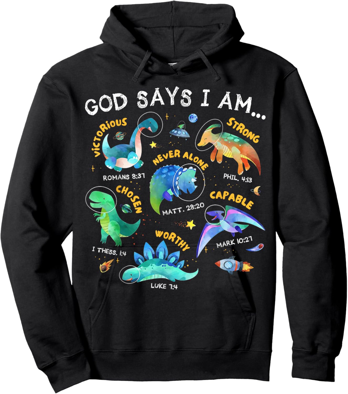 God Says I Am Outer Space Dinosaur Bible Christian Kids Boys Hoodie - Hoodie | Black