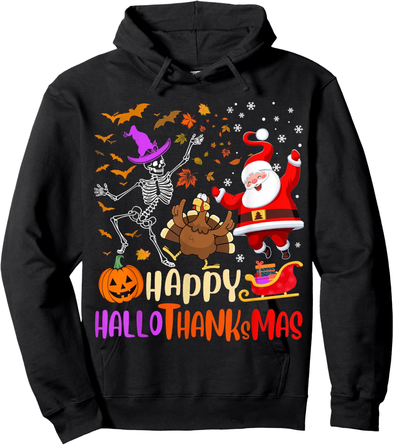 Happy Hallothanksmas Skeleton Pumpkin Turkey Santa Dancing Hoodie - Hoodie | Black