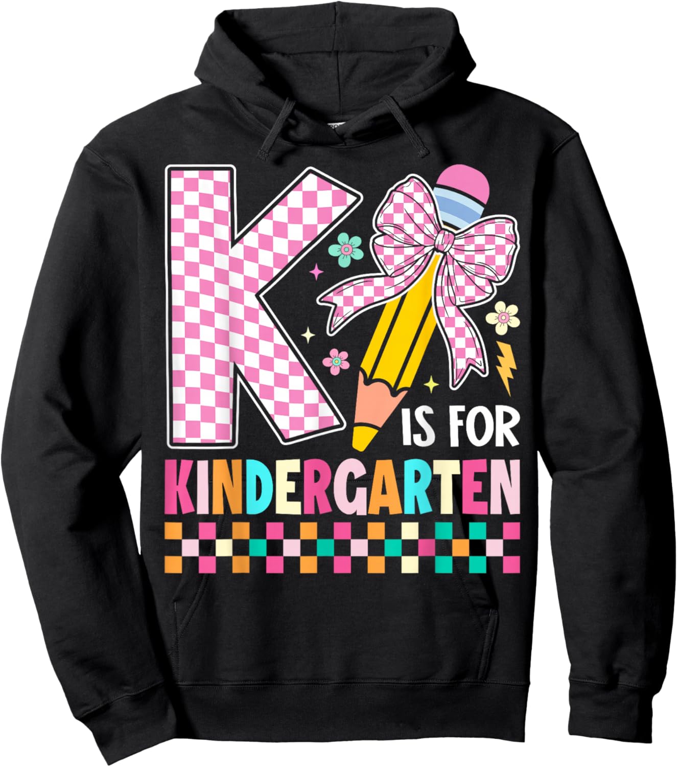 K is for Kindergarten Back to School Pencil Bow Retro Hoodie - Hoodie | Black
