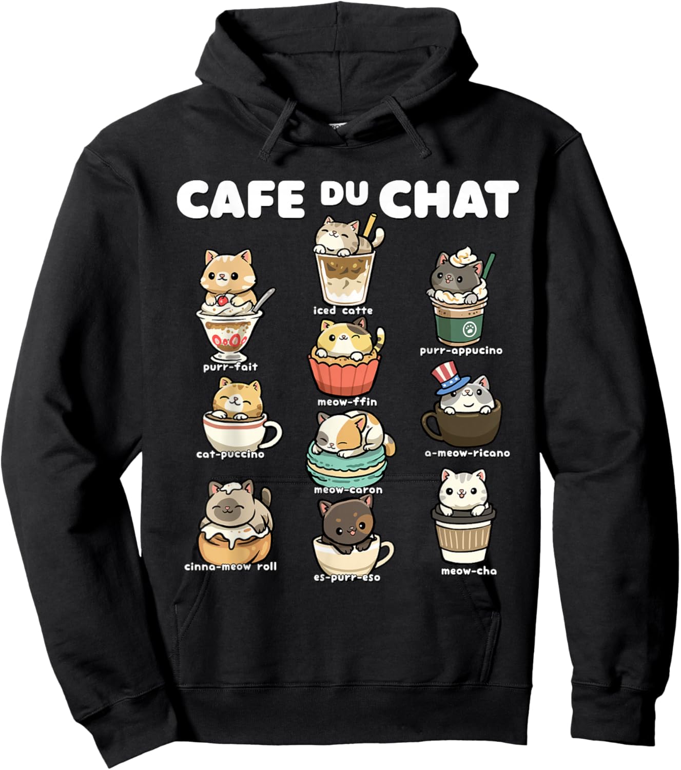 Cafe du Chat Cute Coffee Cats Kawaii Pun Hoodie - Hoodie | Black