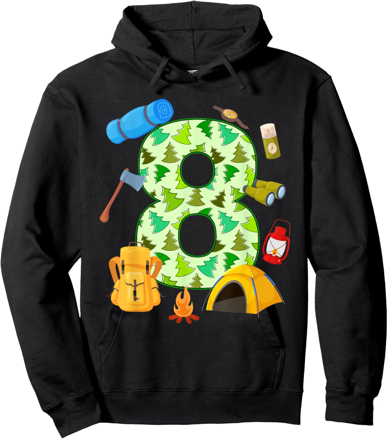 8th Birthday Camping Theme 8 Year Old Birthday Kids Hoodie - Hoodie | Black