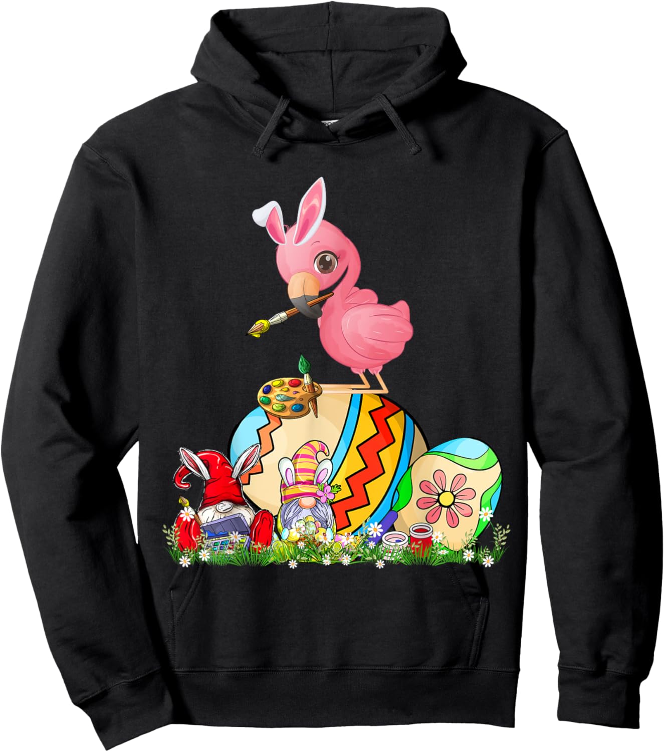 Easter Bunny Flamingo With Gnomes Painting Chocolate Eggs Hoodie - Hoodie | Black