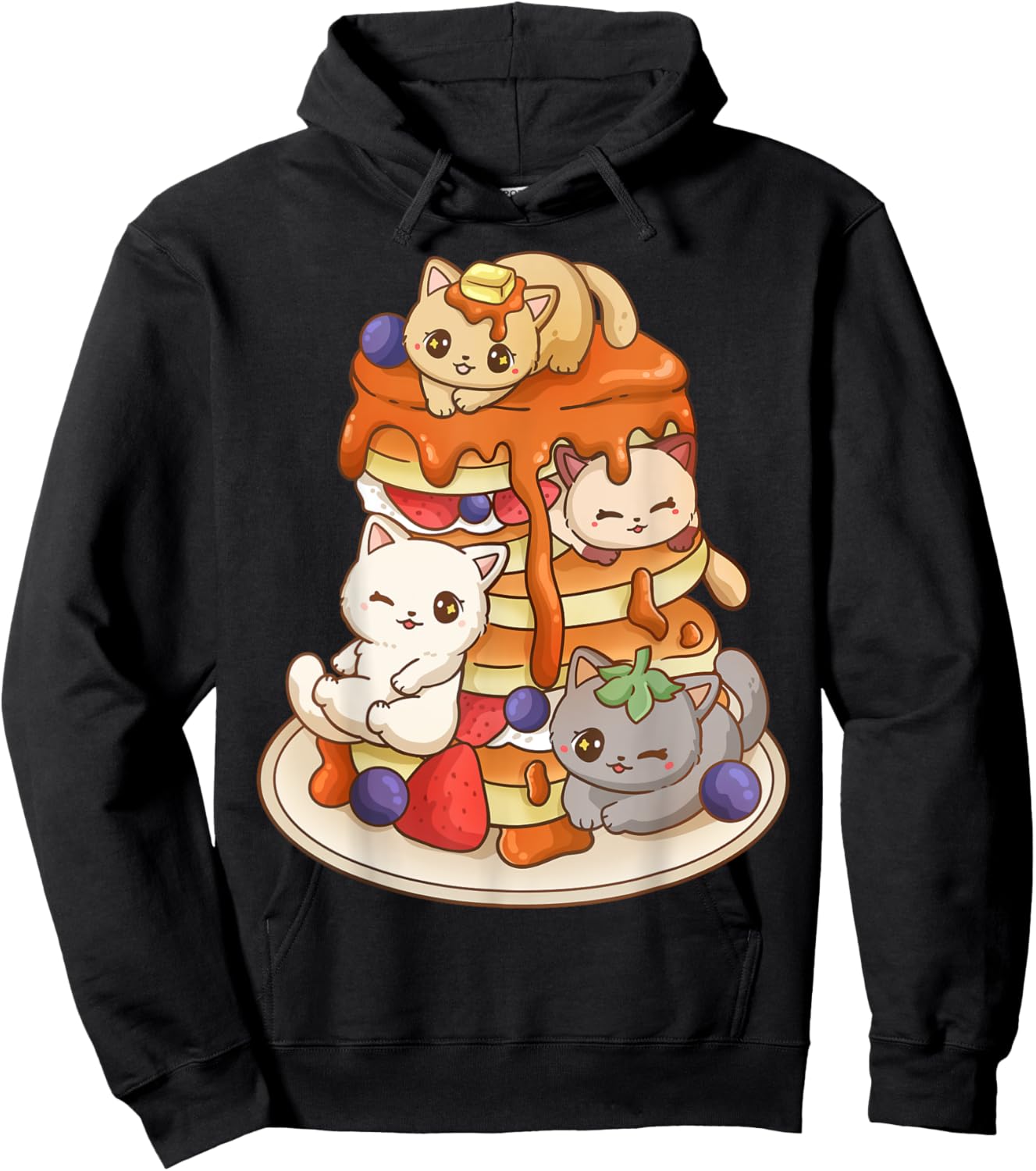 Cat Pancake Stack Kawaii Anime Cat Funny Hoodie - Hoodie | Black