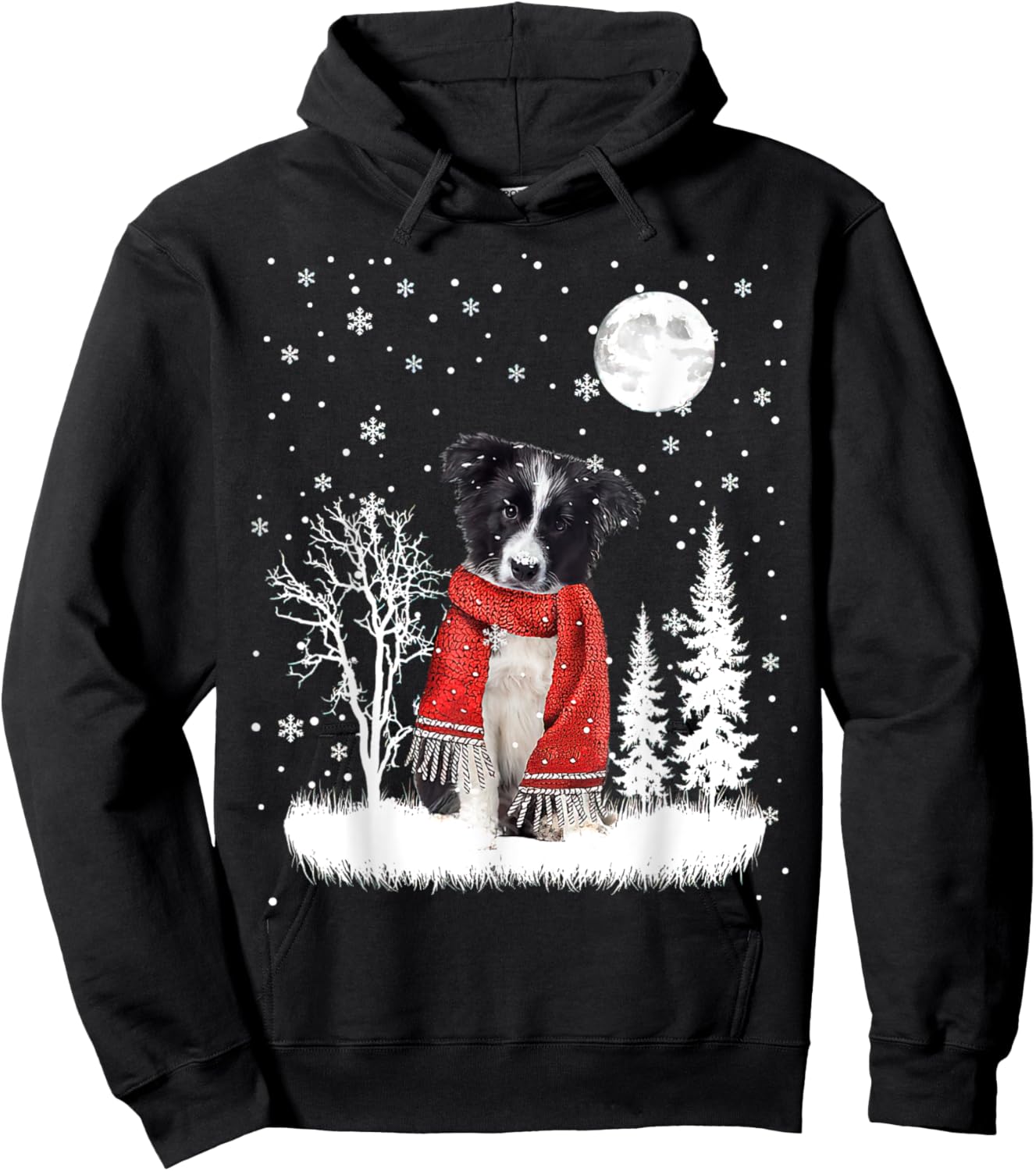 Border Collie Under Moonlight Snow Christmas Pajama Hoodie - Hoodie | Black