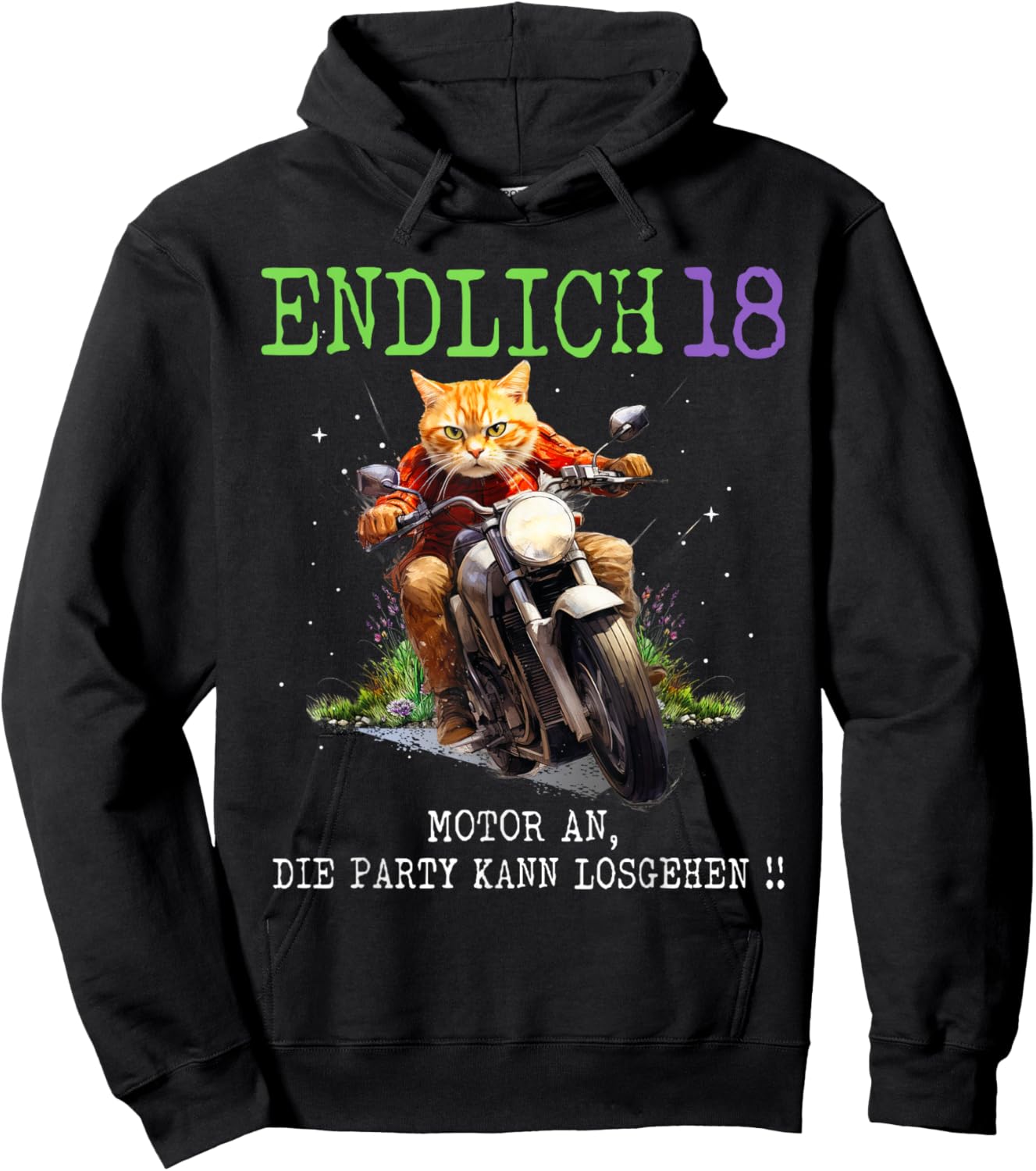 Endlich 18, Katze auf Motorrad, 18. Geburtstag Hoodie - Hoodie | Black