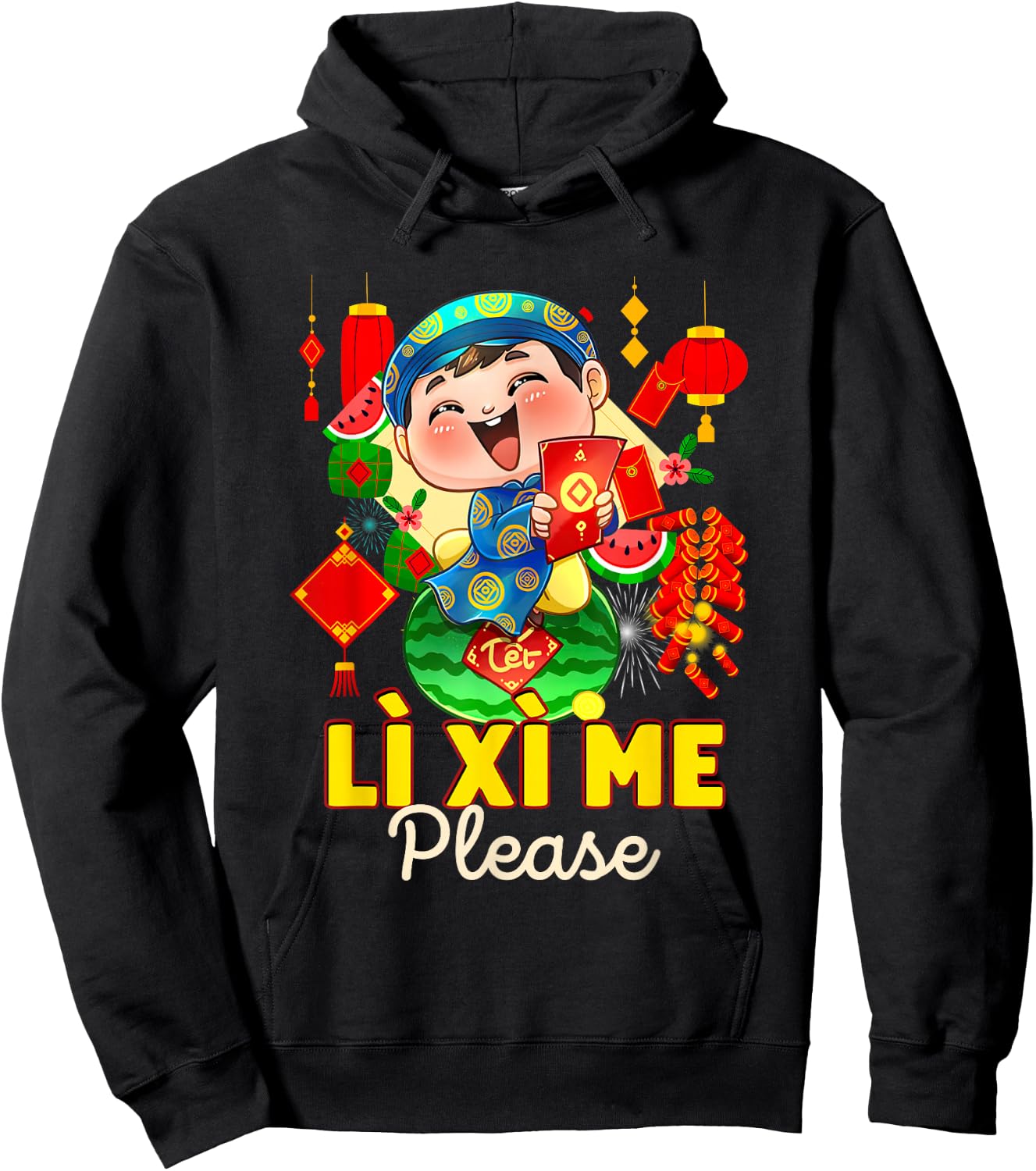 Happy Tet Chuc Mung Nam Moi 2025 Li Xi Me Please Kids Boys Black Modern Classic Cartoon Birthday Hoodie - Hoodie | Black