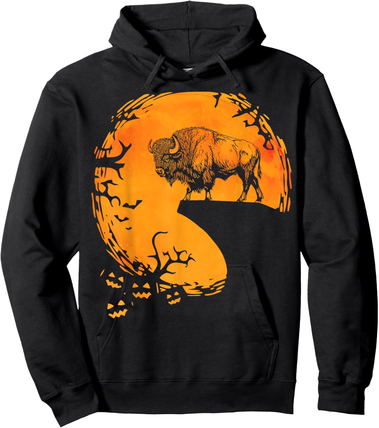 Funny Buffalo Halloween Moon Silhouette Spooky Bison Lover Hoodie - Hoodie | Black