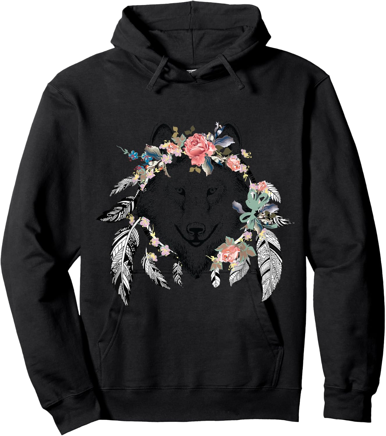 Ethnic Tribal Wolf Head Boho Feather Native American Hippie Hoodie - Hoodie | Black