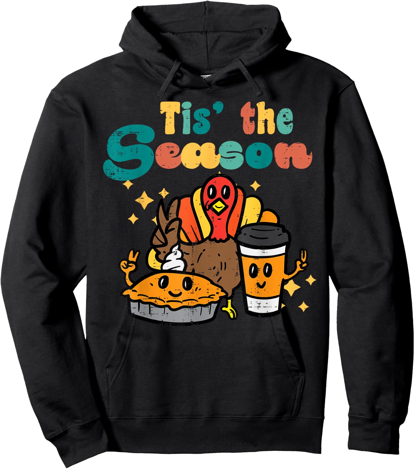Tis The Season Turkey Pumpkin Coffee Retro Thanksgiving Fall Hoodie - Hoodie | Black