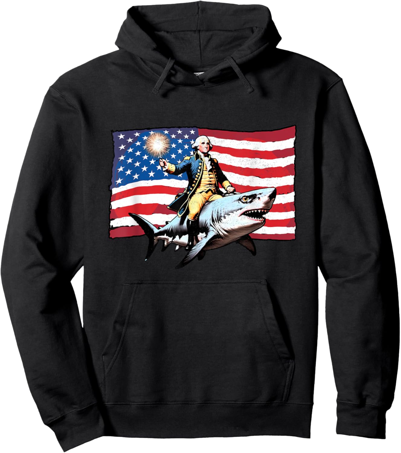 4th of July George Washington Riding Shark American Flag Men Hoodie - Hoodie | Black