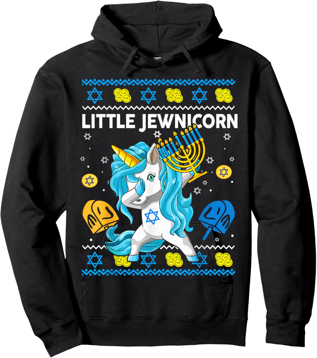 Ugly Hanukkah Sweater Little Jewnicorn Unicorn Toddler Girl Hoodie - Hoodie | Black