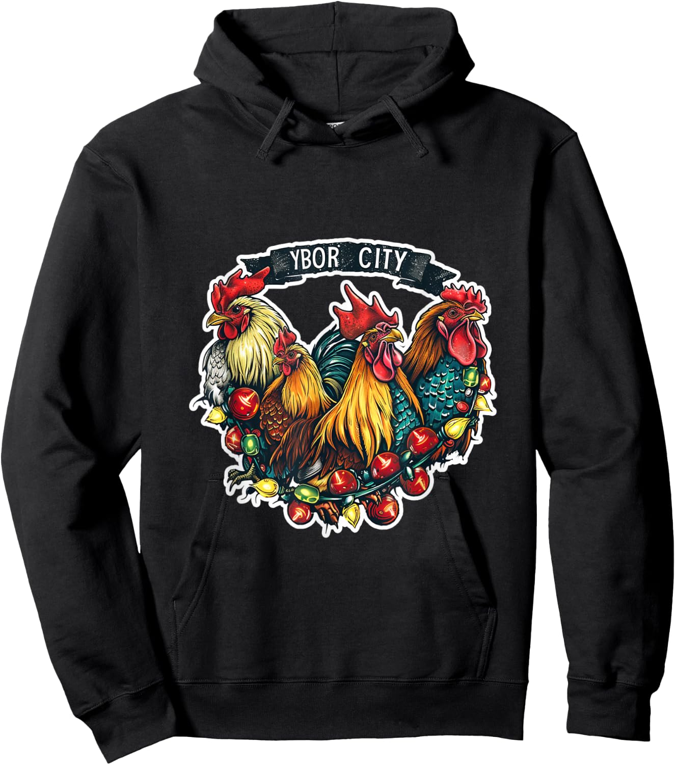 Ybor City Tampa Florida Chickens Roosters Christmas Lights Hoodie - Hoodie | Black