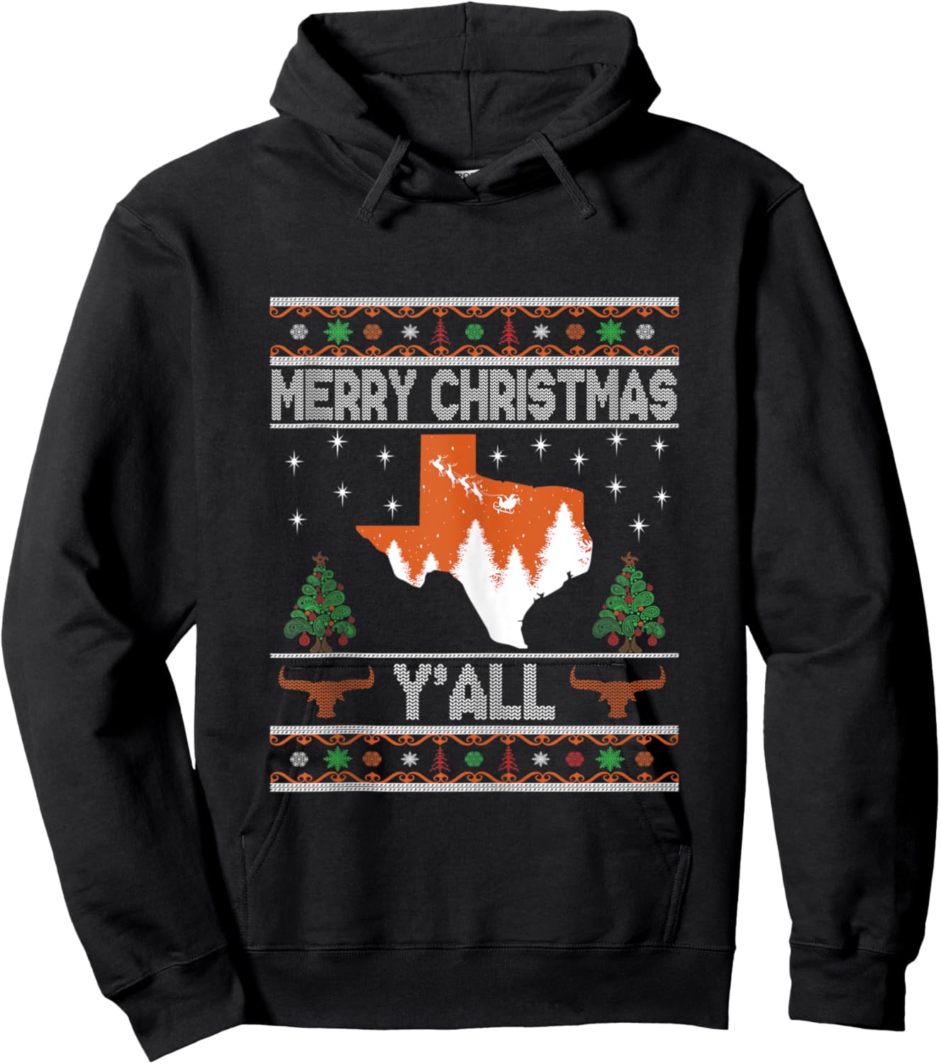 Merry Xmas Y'all Texas Ugly Matching Family Longhorn Sweater Hoodie - Hoodie | Black