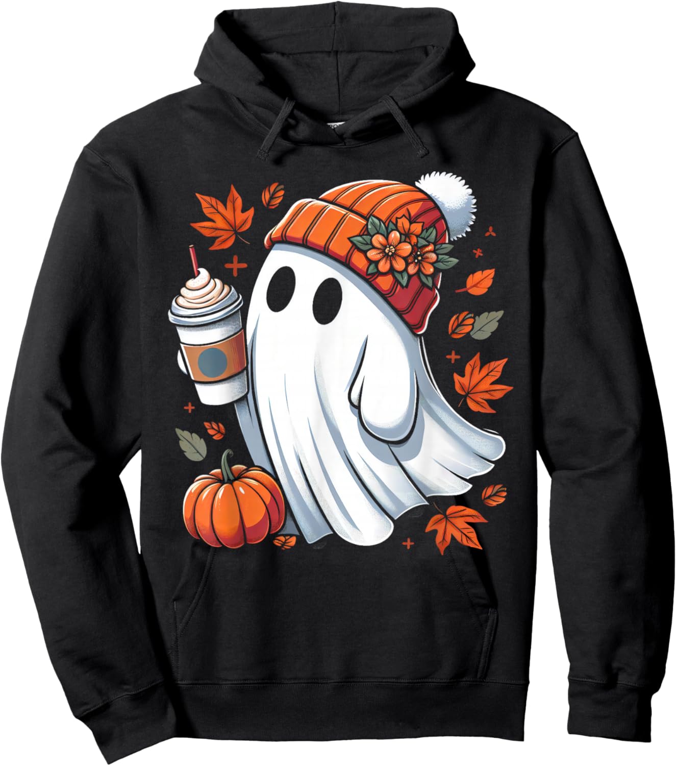 Cute Ghost Drinking Coffee Halloween Ghost Ice Coffee Hoodie - Hoodie | Black