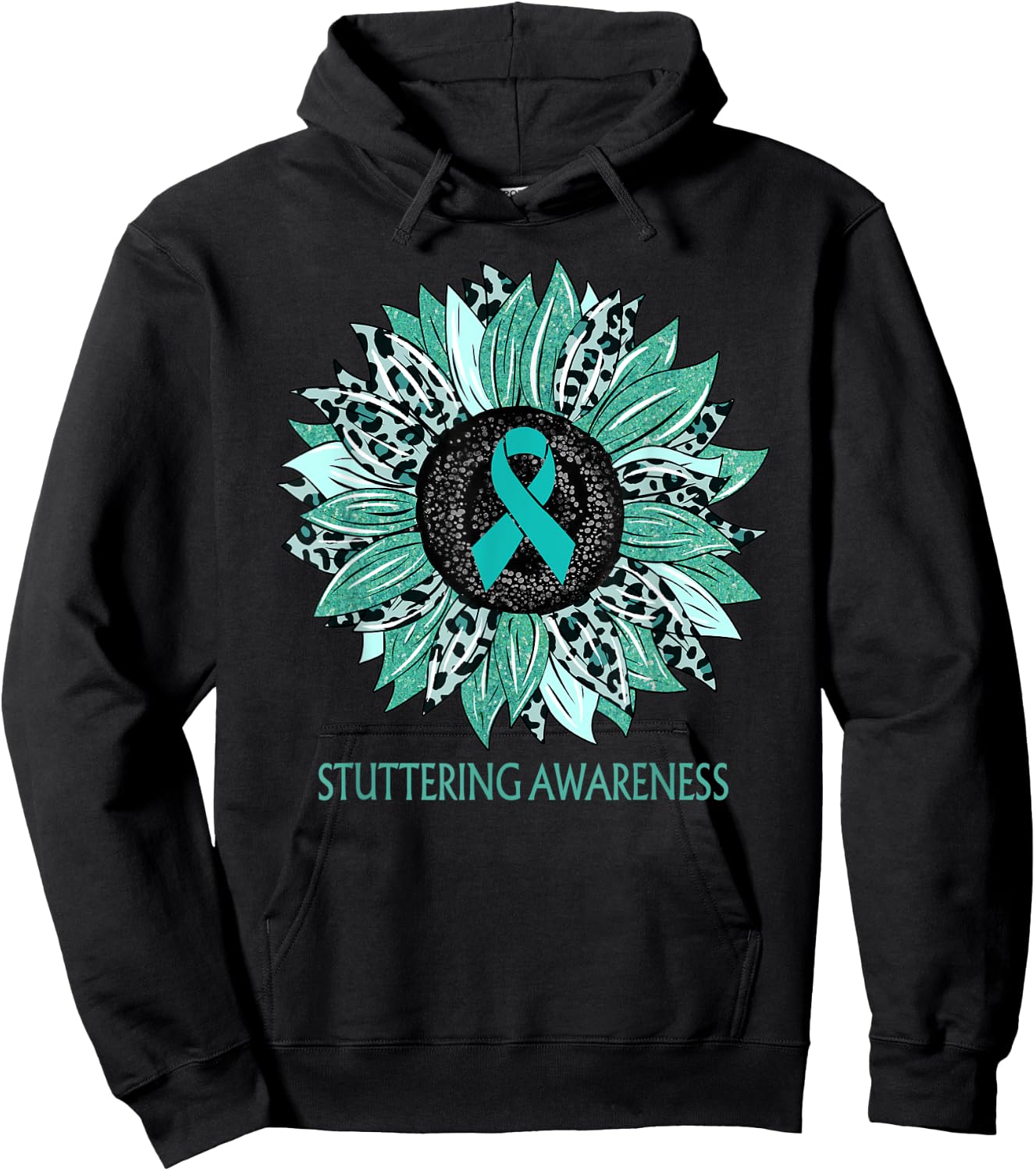 Leopard Sunflower Stuttering Awareness Teal Ribbon Hoodie - Hoodie | Black