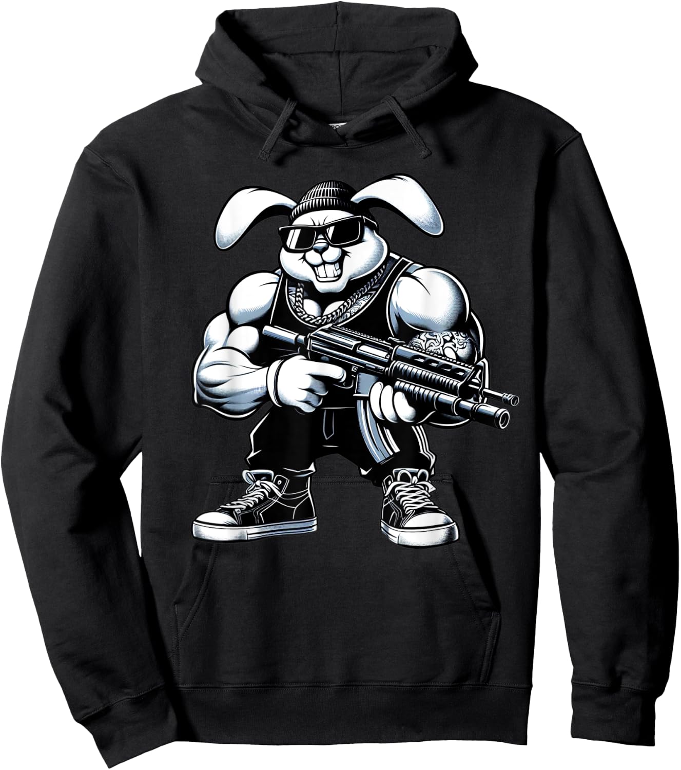 Thug Bunny Holding Gun Muscles Gangster Rabbit Lovers Art Hoodie - Hoodie | Black