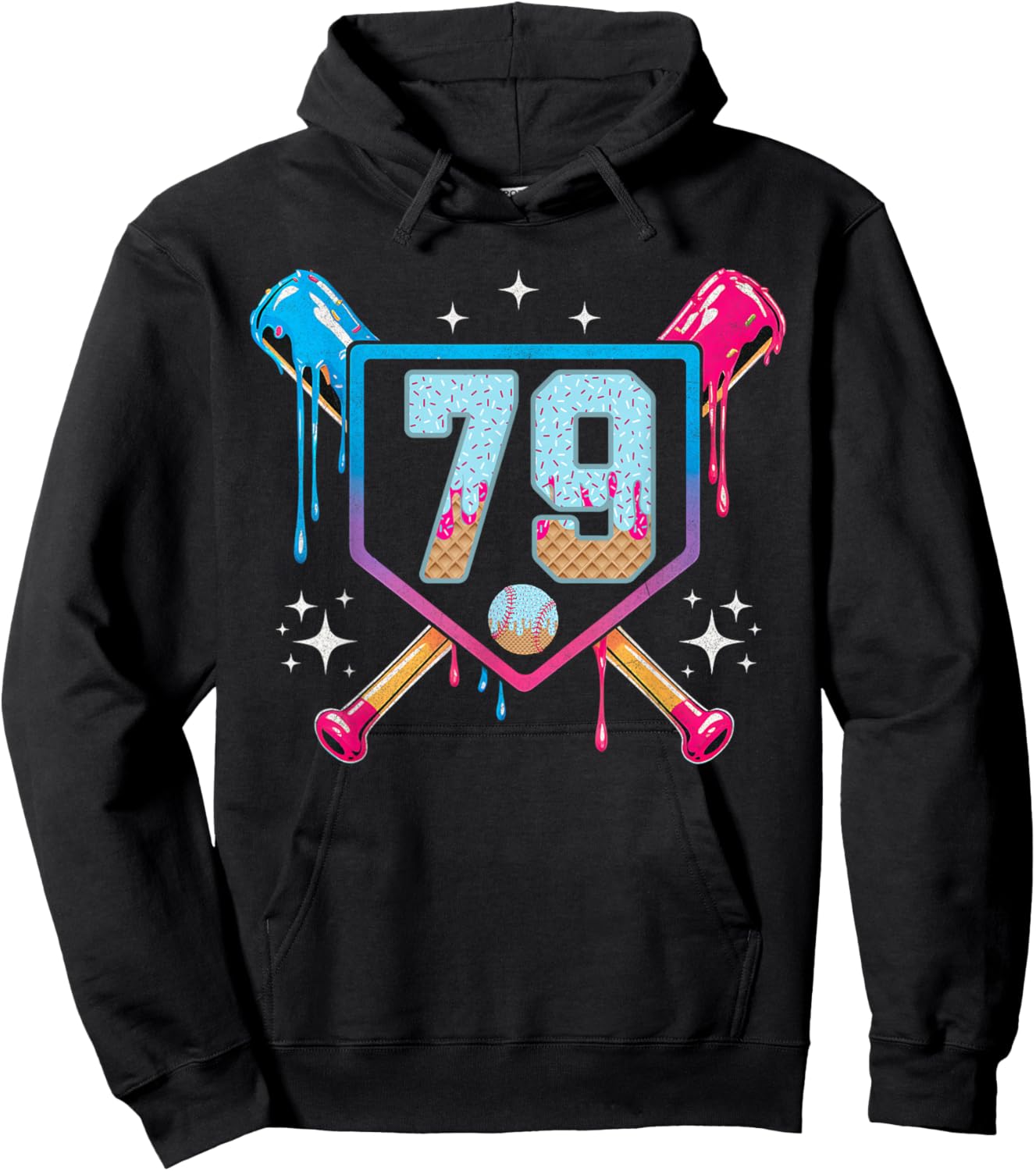 Baseball 79 Year Old Ice Cream Drip 79th Birthday Number 79 Hoodie - Hoodie | Black