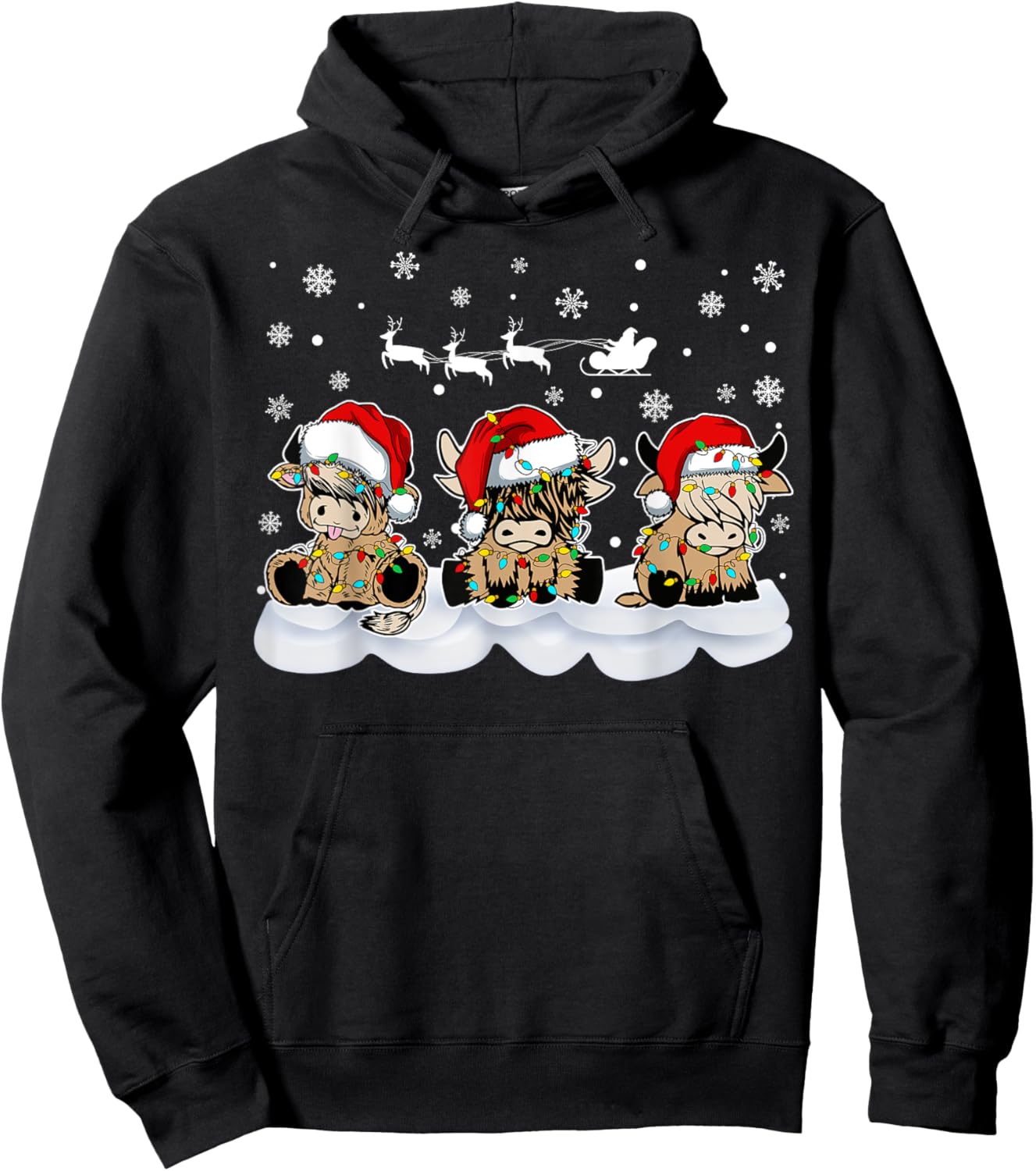Highland Cow Christmas Merry and Bright Christmas Pajama Hoodie - Hoodie | Black