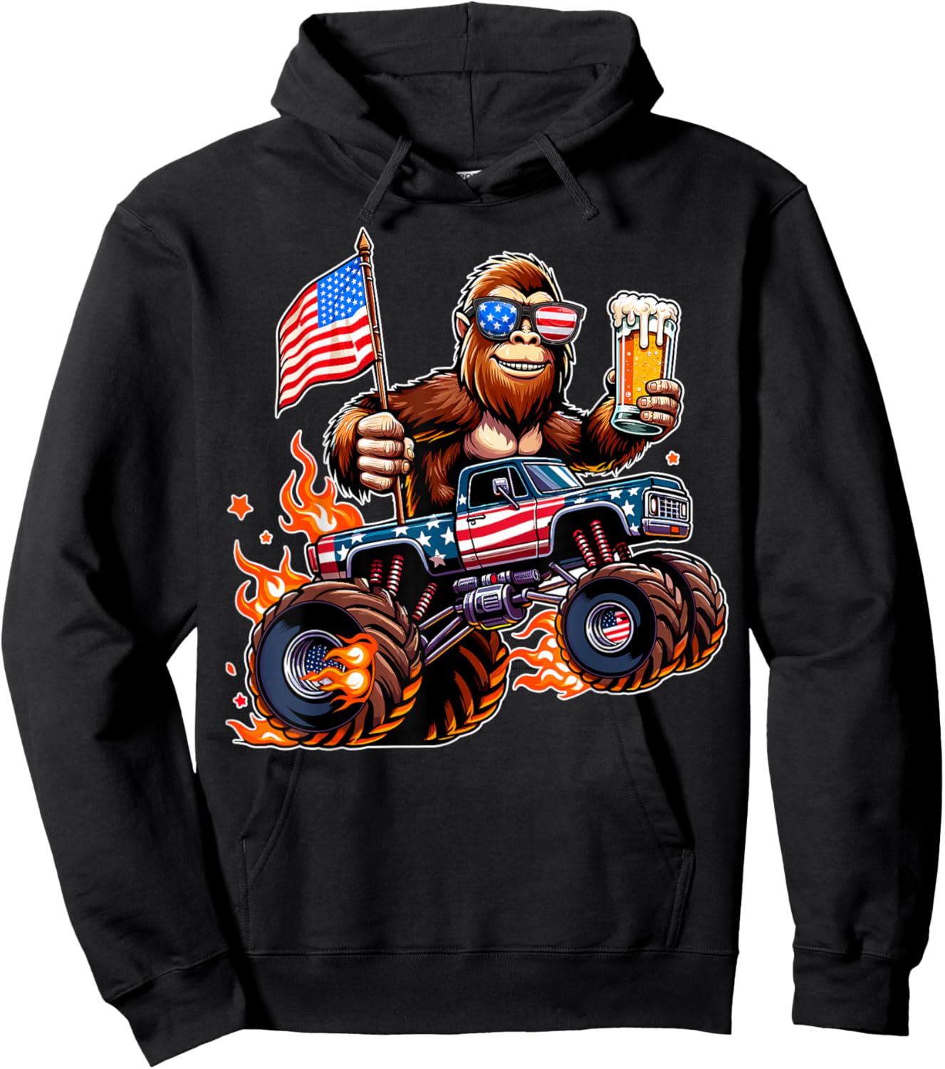 Bigfoot Monster Truck Beer USA Flag 4th of July Sasquatch Hoodie - Hoodie | Black