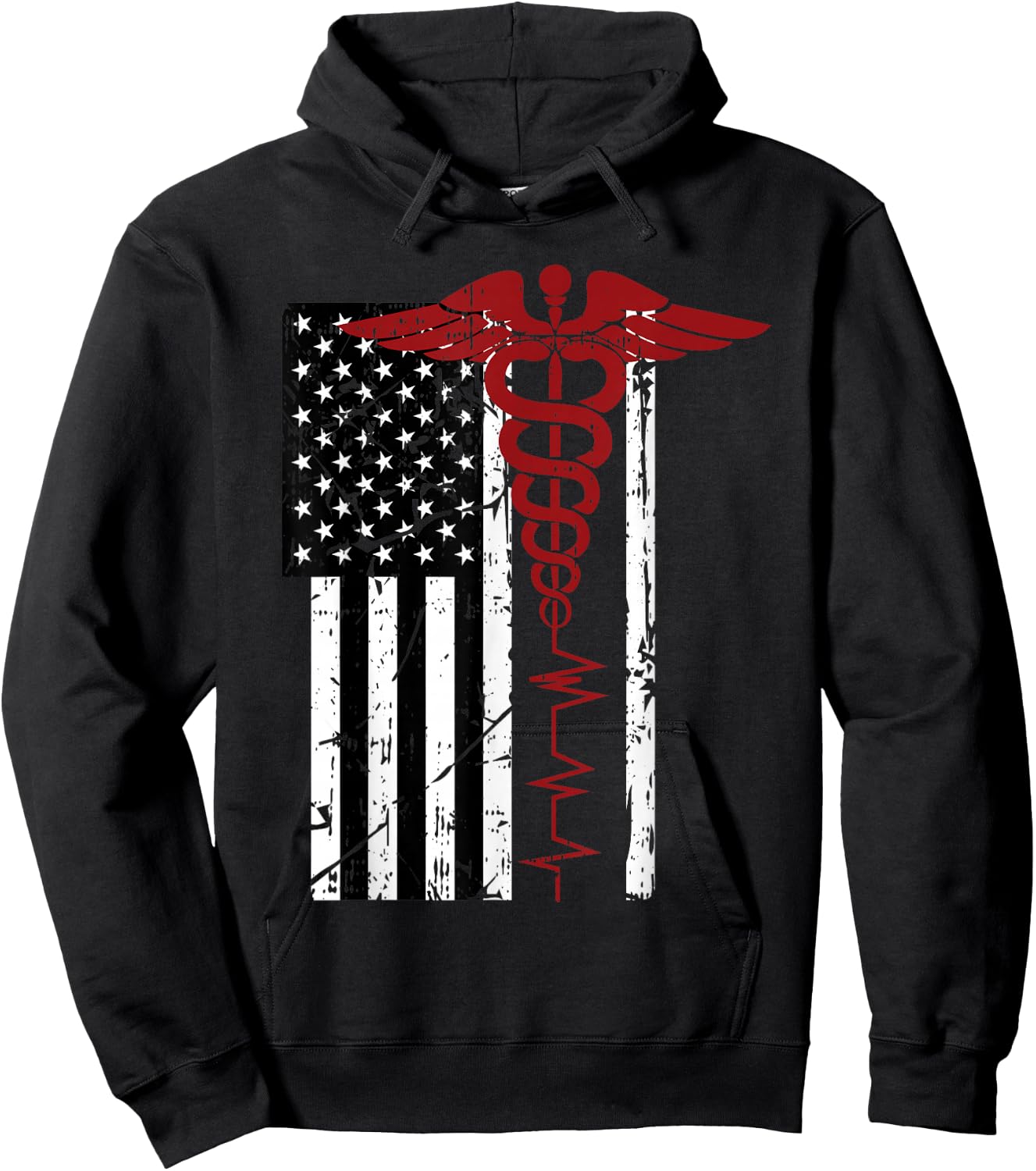 USA Flag Medical Symbol Black Patriotic Caduceus Nurse Gift Hoodie - Hoodie | Black