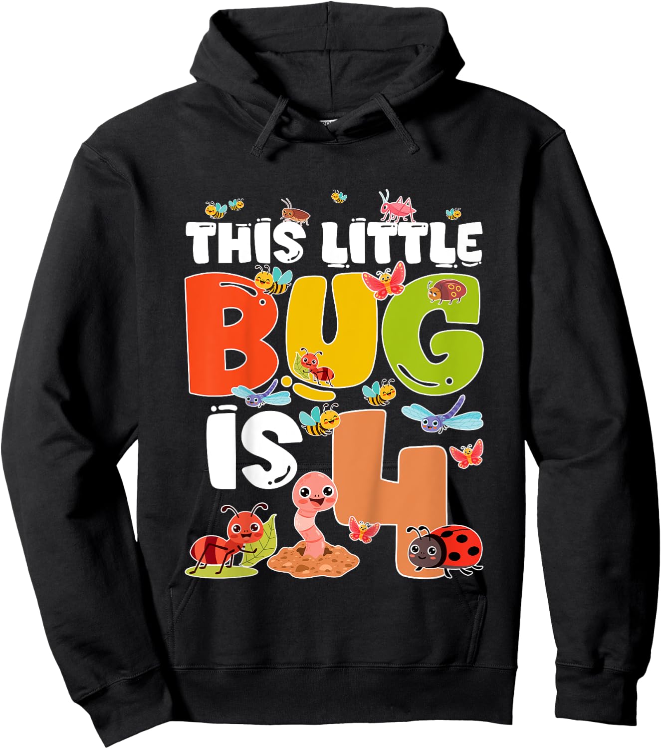 Kids 4th Bug Birthday Four Year Old Bugs Birthday Insects Hoodie - Hoodie | Black