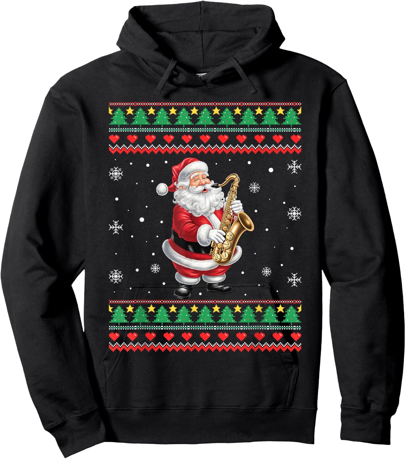 Funny Christmas Santa Saxophone Musician Ugly Xmas Men Women Hoodie - Hoodie | Black