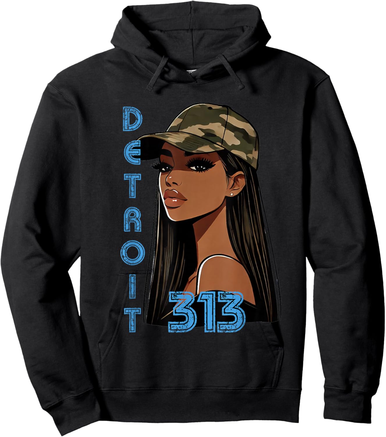 Detroit 313 Black Woman Camo Hat Hometown Hoodie - Hoodie | Black