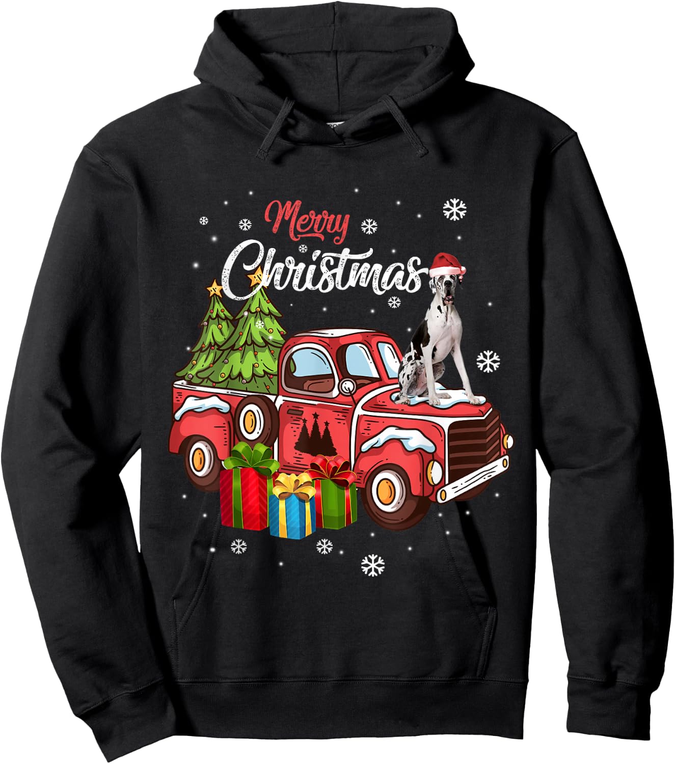 Great Dane Riding Red Truck Xmas Merry Christmas Hoodie - Hoodie | Black