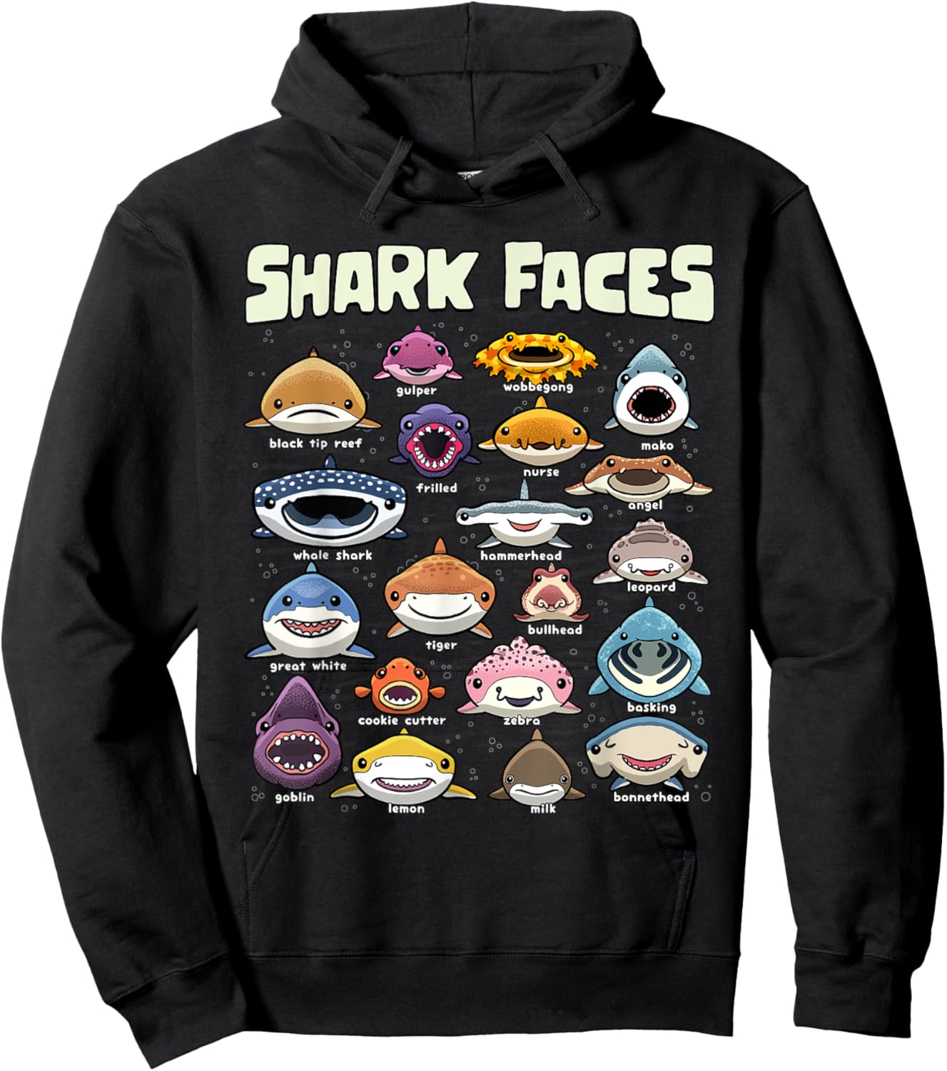 Types of Shark Faces Sea Animals of the World Shark Lover Hoodie - Hoodie | Black