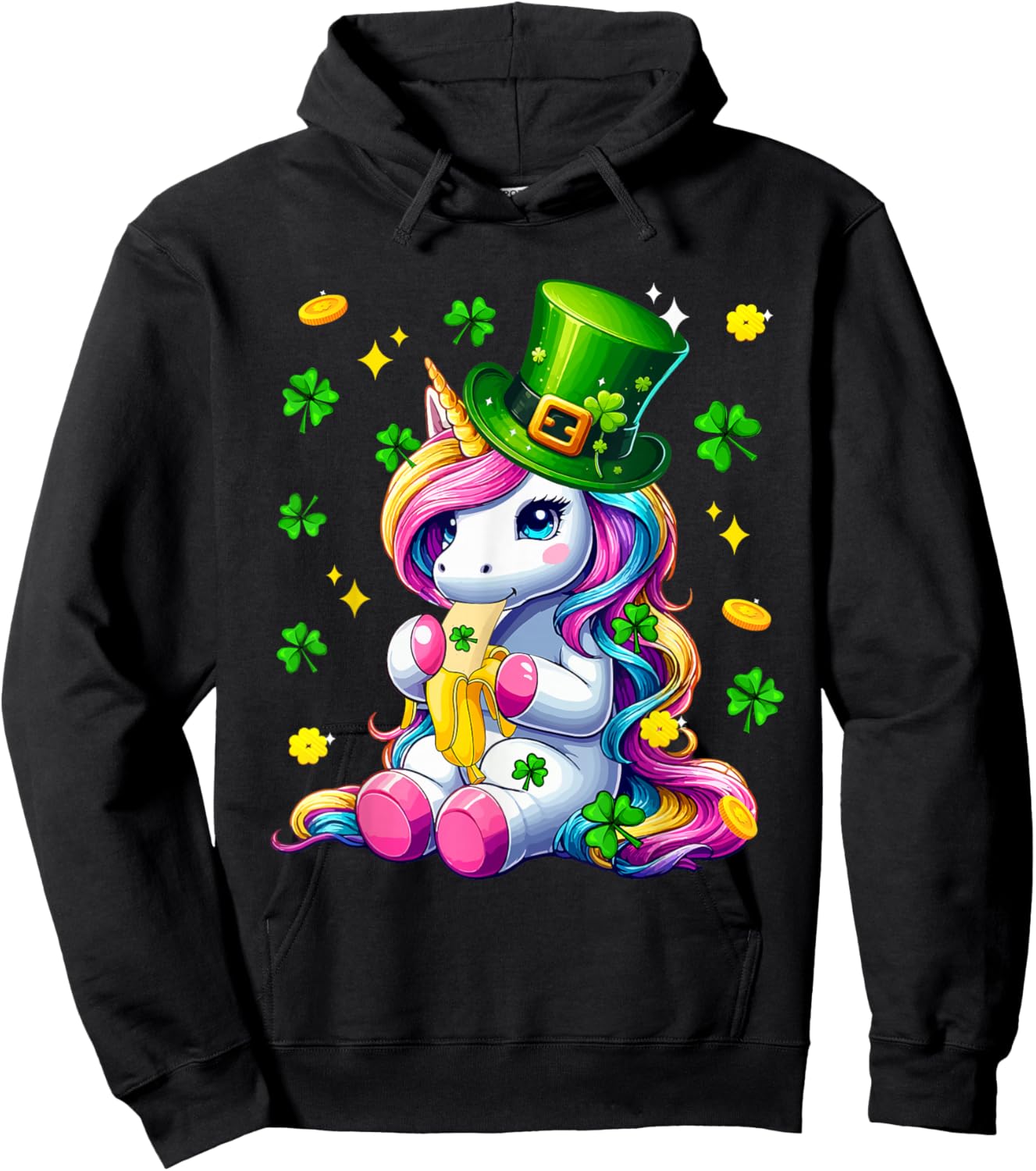 Colorful Unicorn Eating Banana St. Patrick's Day Shamrocks Hoodie - Hoodie | Black