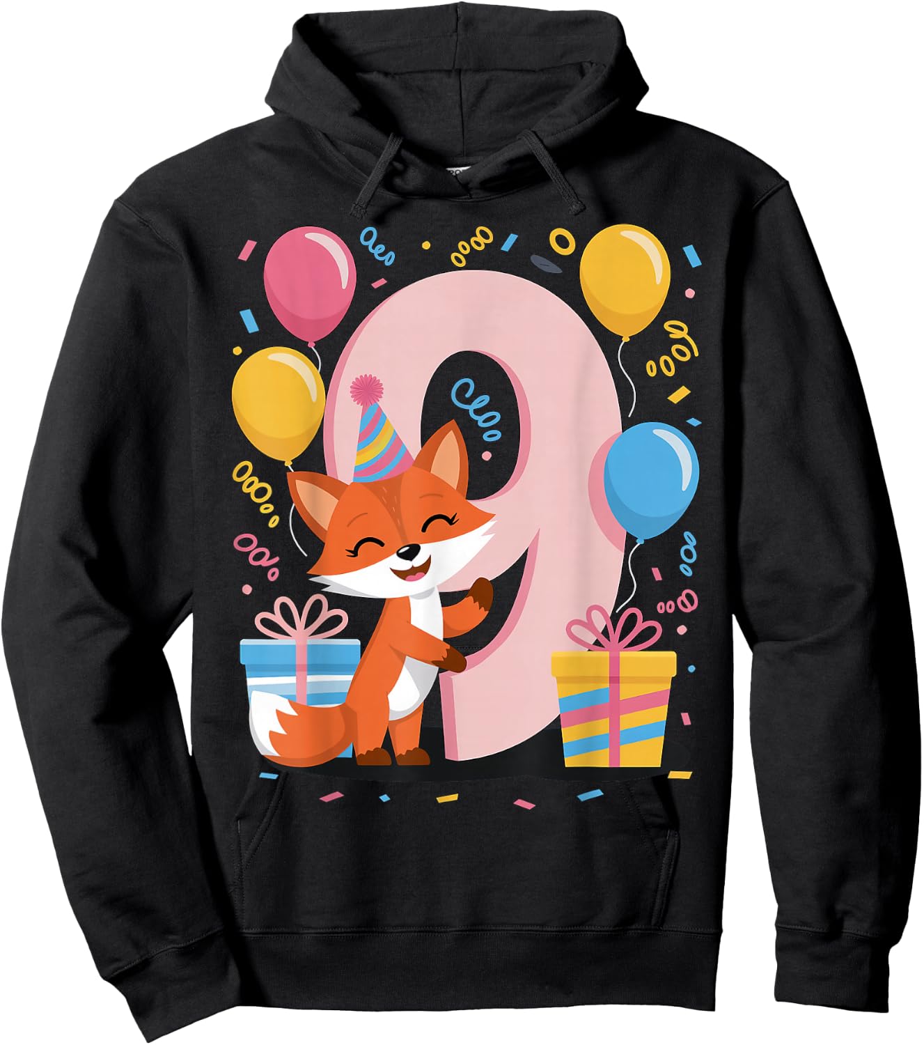 Fox 9th birthday for boy girl 9 years old ninth nine Fox Hoodie - Hoodie | Black