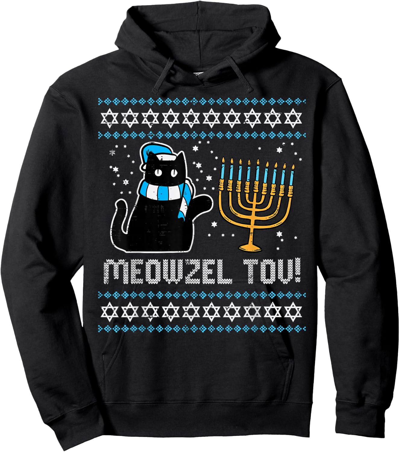 Meowzel Tov Black Cat Funny Hanukkah Chanukah Men Women Kids Hoodie - Hoodie | Black