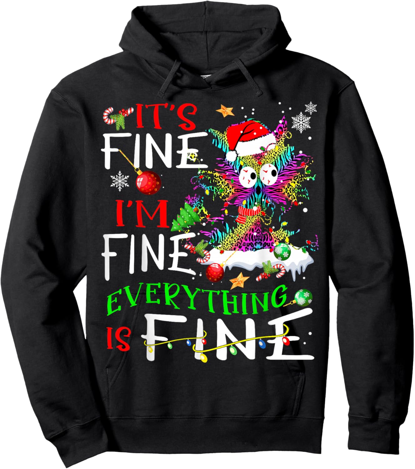 It's Fine I'm Fine Everything Is Fine Tie Dye Cat Xmas Light Hoodie - Hoodie | Black