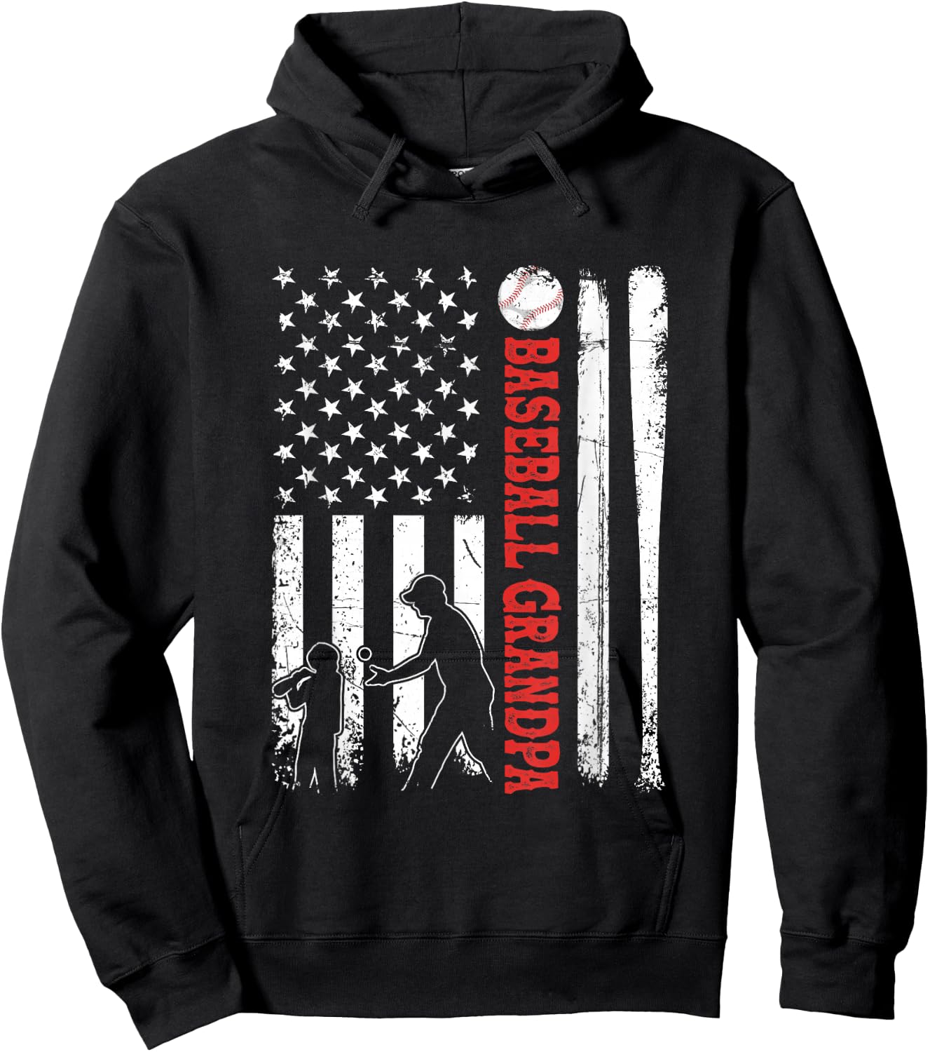 Distressed USA American Flag Baseball Grandpa Father's Day Women Kids Men Hoodie - Hoodie | Black