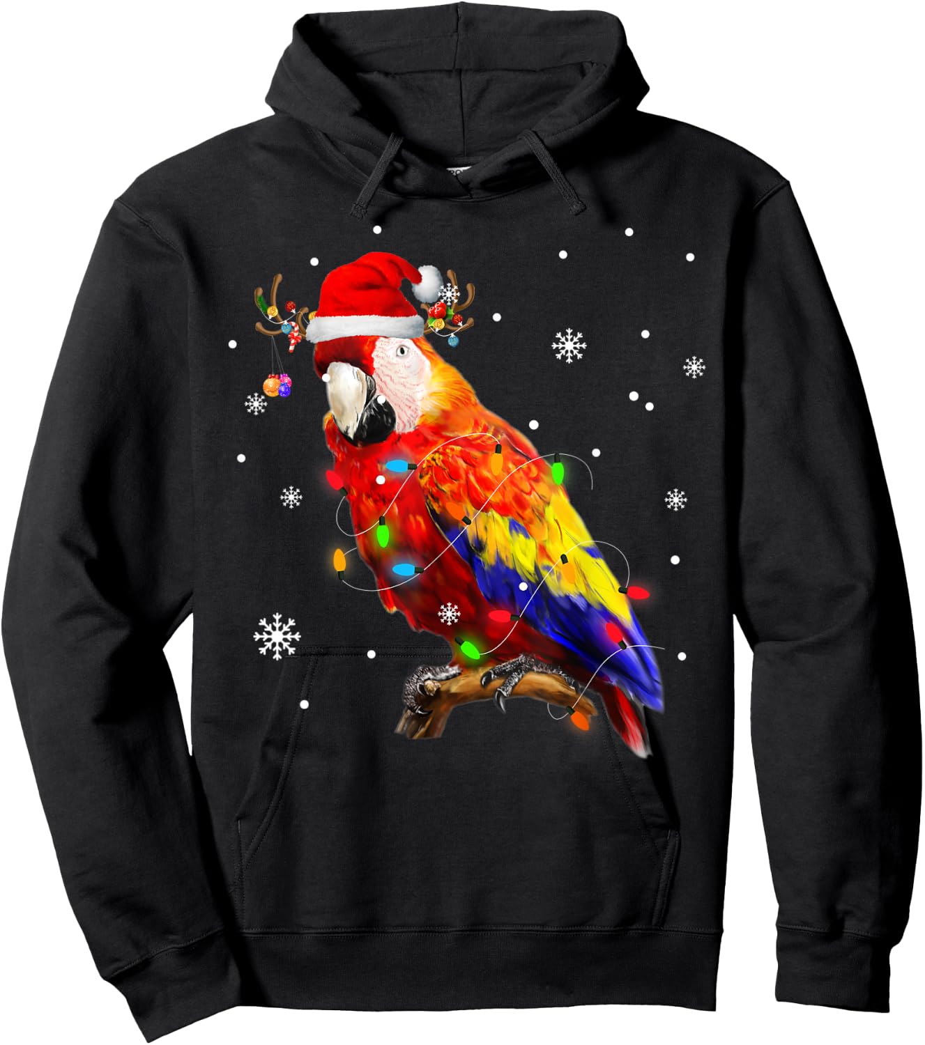 Parrot Santa Hat Reindeer Xmas Light Christmas Pajama Family Hoodie - Hoodie | Black