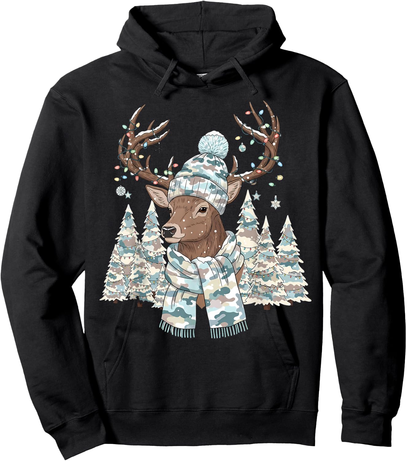Christmas Camo Hunting Reindeer Pajamas with Deer Xmas Light Hoodie - Hoodie | Black