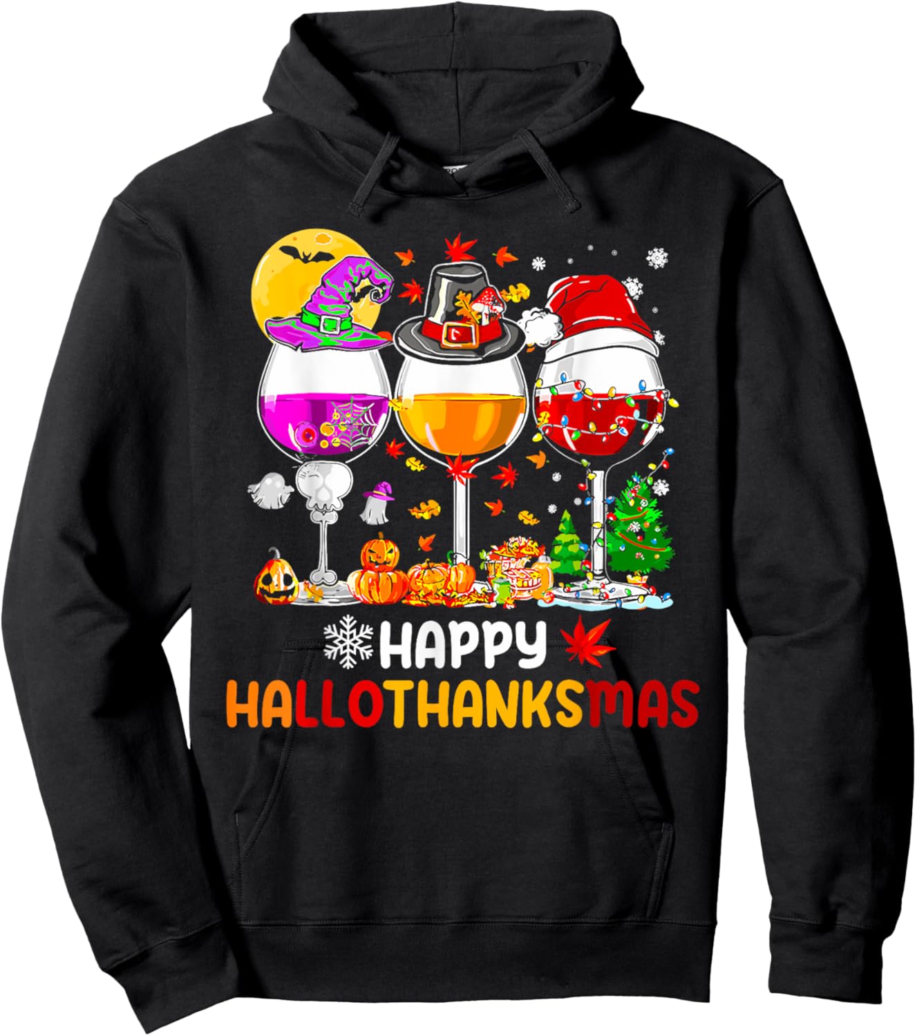 Happy Hallothanksmas Halloween Thanksgiving Christmas Fall Hoodie - Hoodie | Black