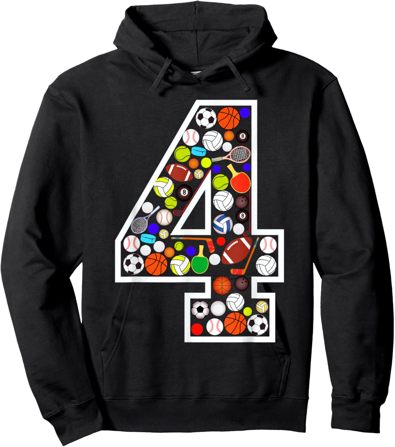 Kids 4th Birthday Sports Big Number Four 4 Year Old Boy Hoodie - Hoodie | Black