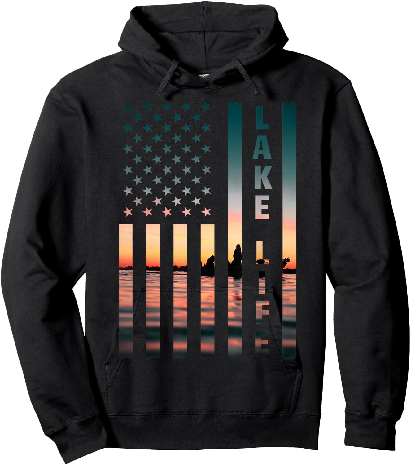 Lake Life Fisherman Sunset American Flag Bass Fishing Boat Hoodie - Hoodie | Black