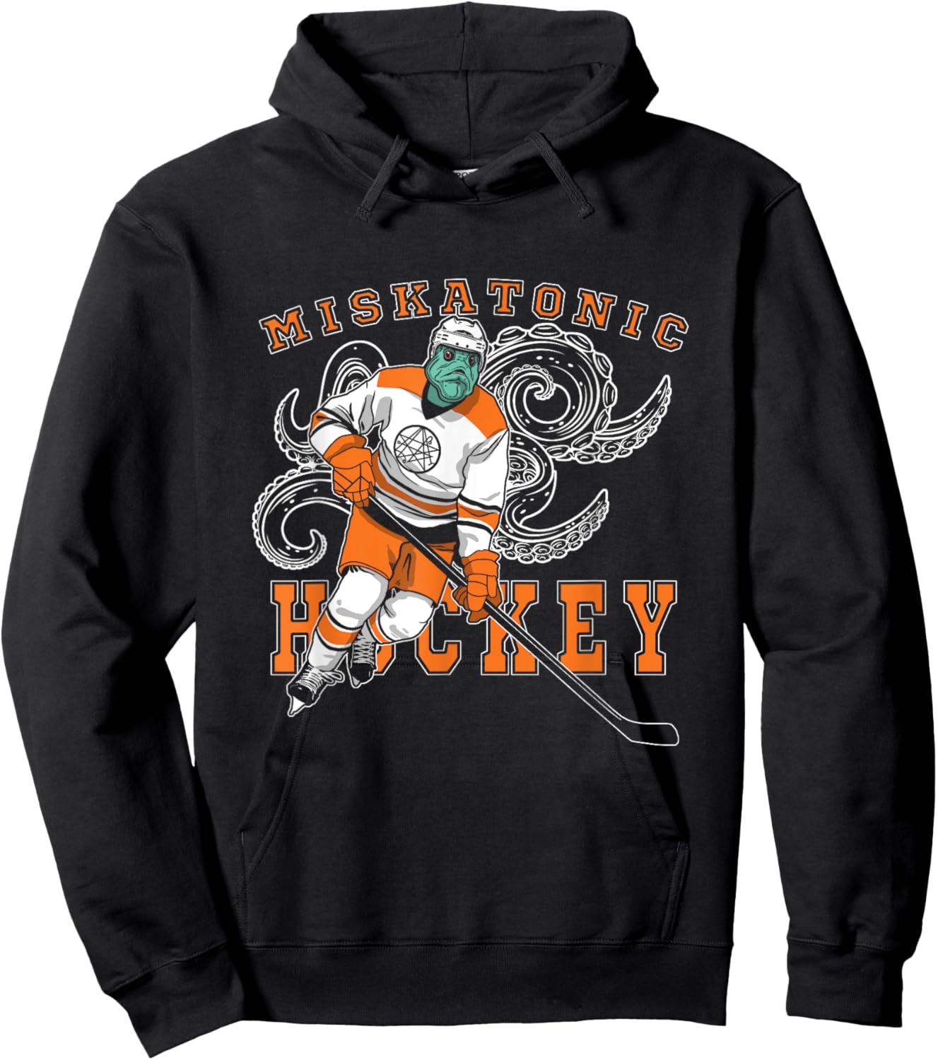 Miskatonic Hockey Sports Orange Horror Graphic On Dark Hoodie - Hoodie | Black