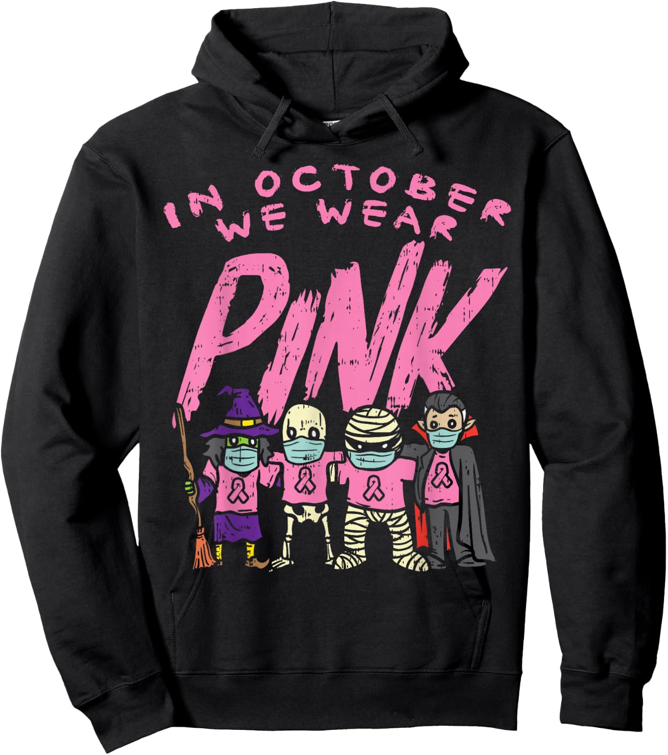 October We Wear Pink Witch Skeleton Breast Cancer Halloween Hoodie - Hoodie | Black