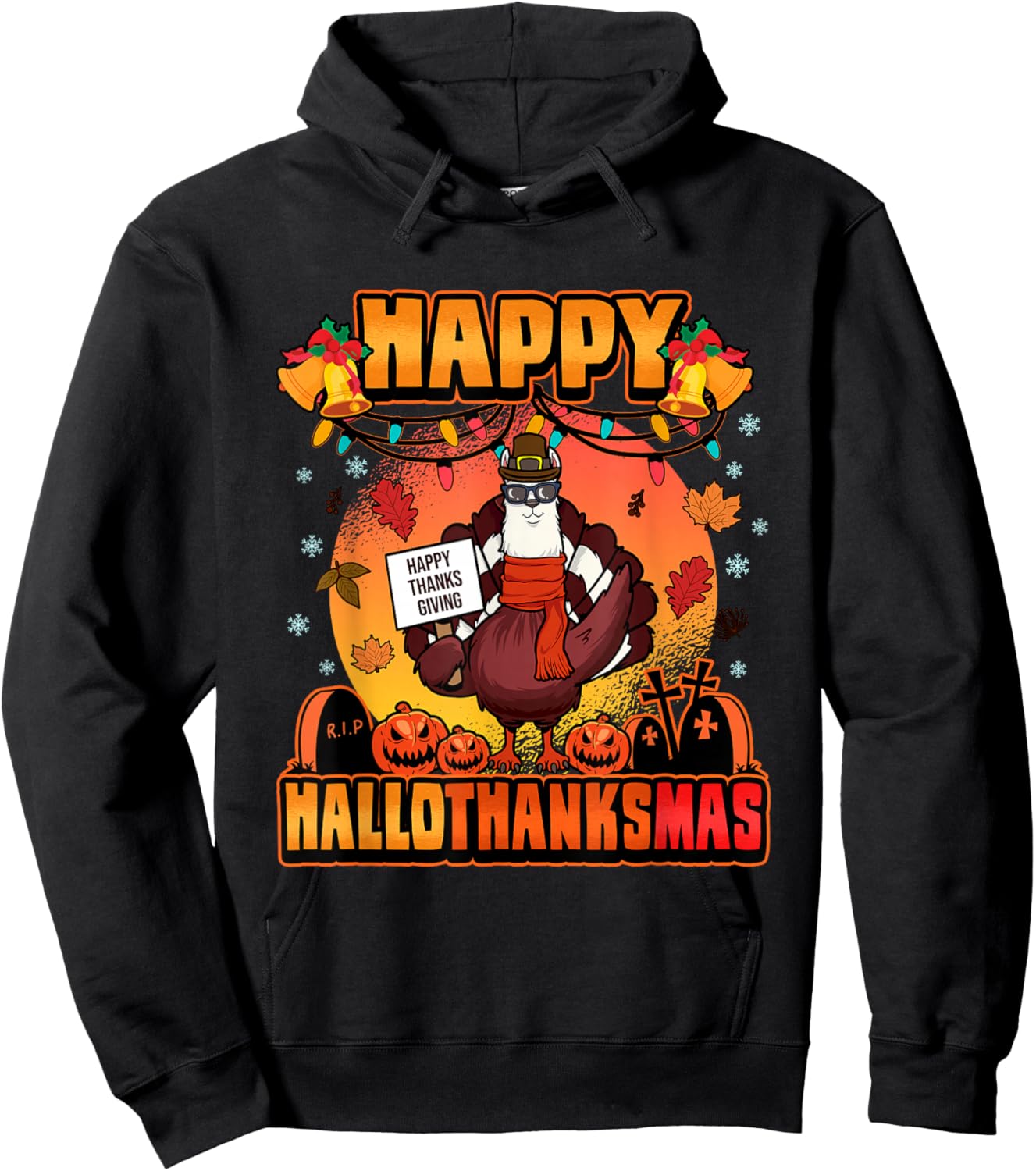 Halloween Christmas Happy Hallothanksmas Llama Turkey Hoodie - Hoodie | Black