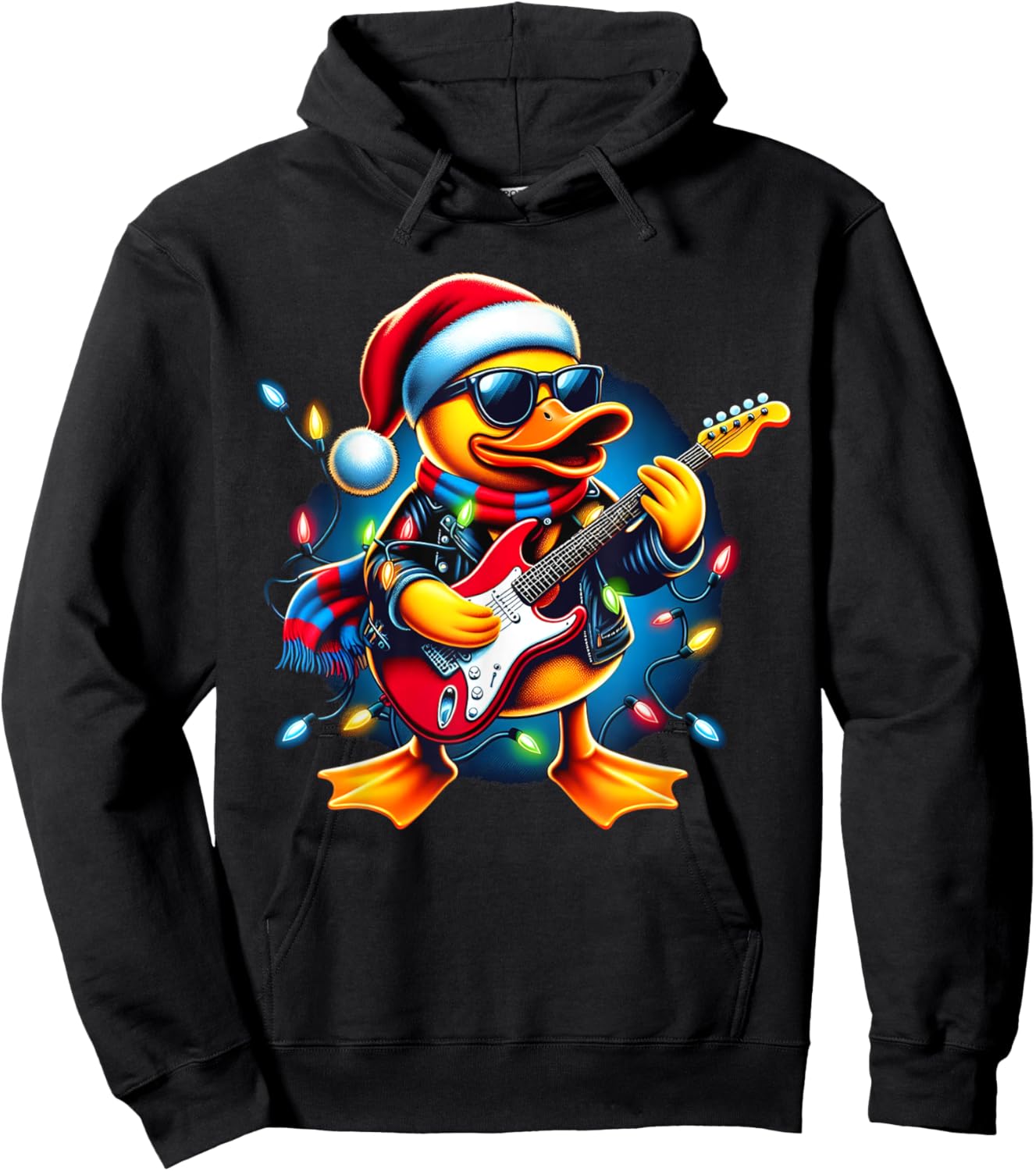 Santa Rubber Duck Christmas Light Xmas Duck Guitar Player Hoodie - Hoodie | Black