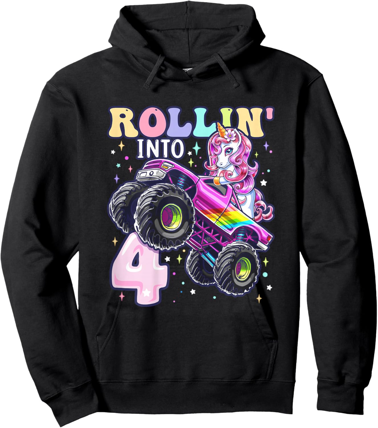 Unicorn Monster Truck 4th Birthday 4 Year Old Girls Party Hoodie - Hoodie | Black