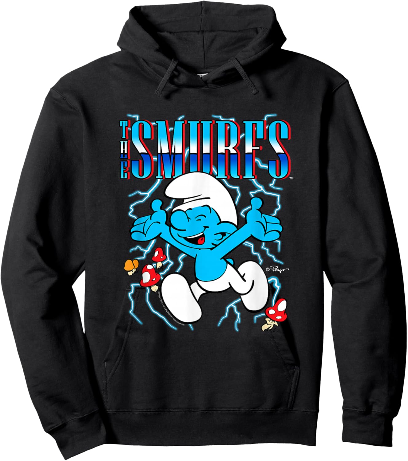 The Smurfs Chrome Logo & Mushrooms Retro Cartoon Hoodie - Hoodie | Black