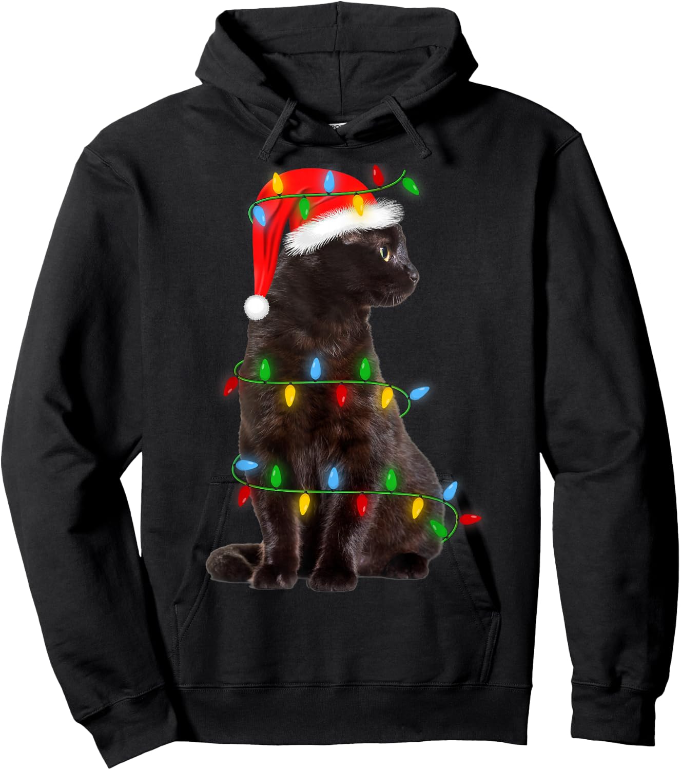 Black-Cat Christmas Tree Lights Funny Santa Kitten Led Light Hoodie - Hoodie | Black