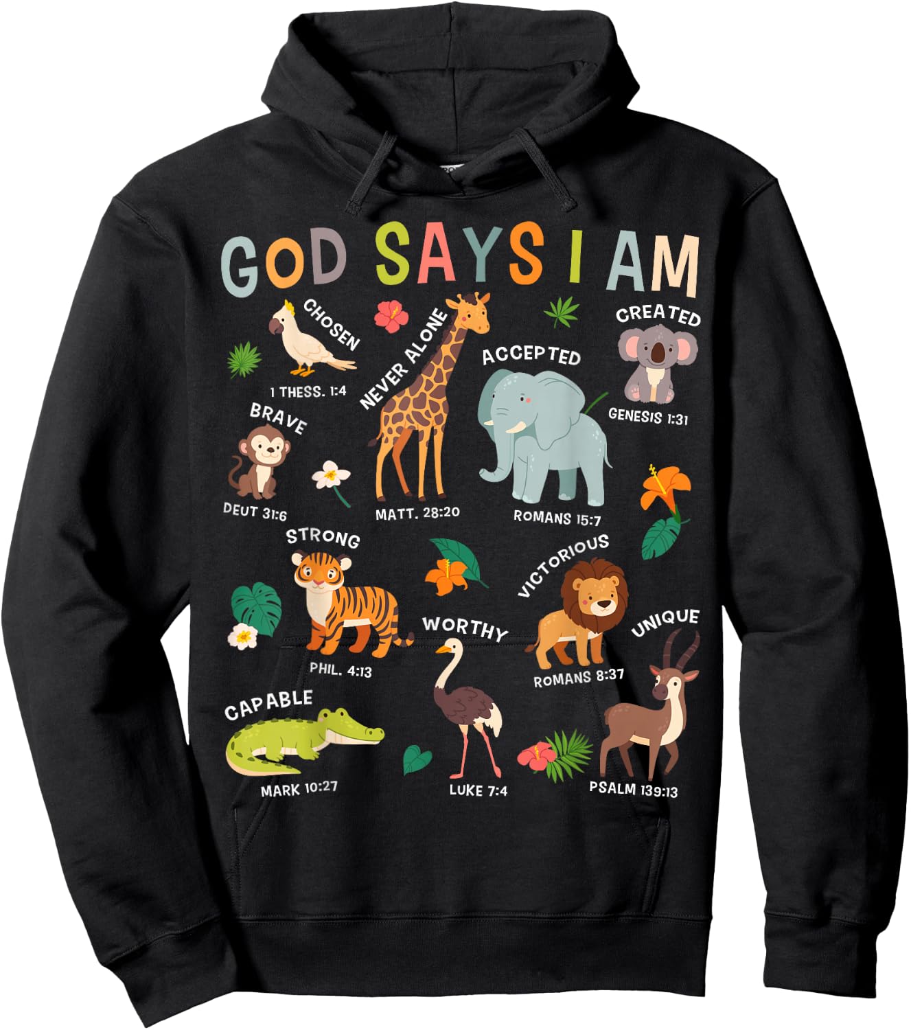 God Says I Am Zoo Animals Toddler Kids Bible Verse Funny Hoodie - Hoodie | Black