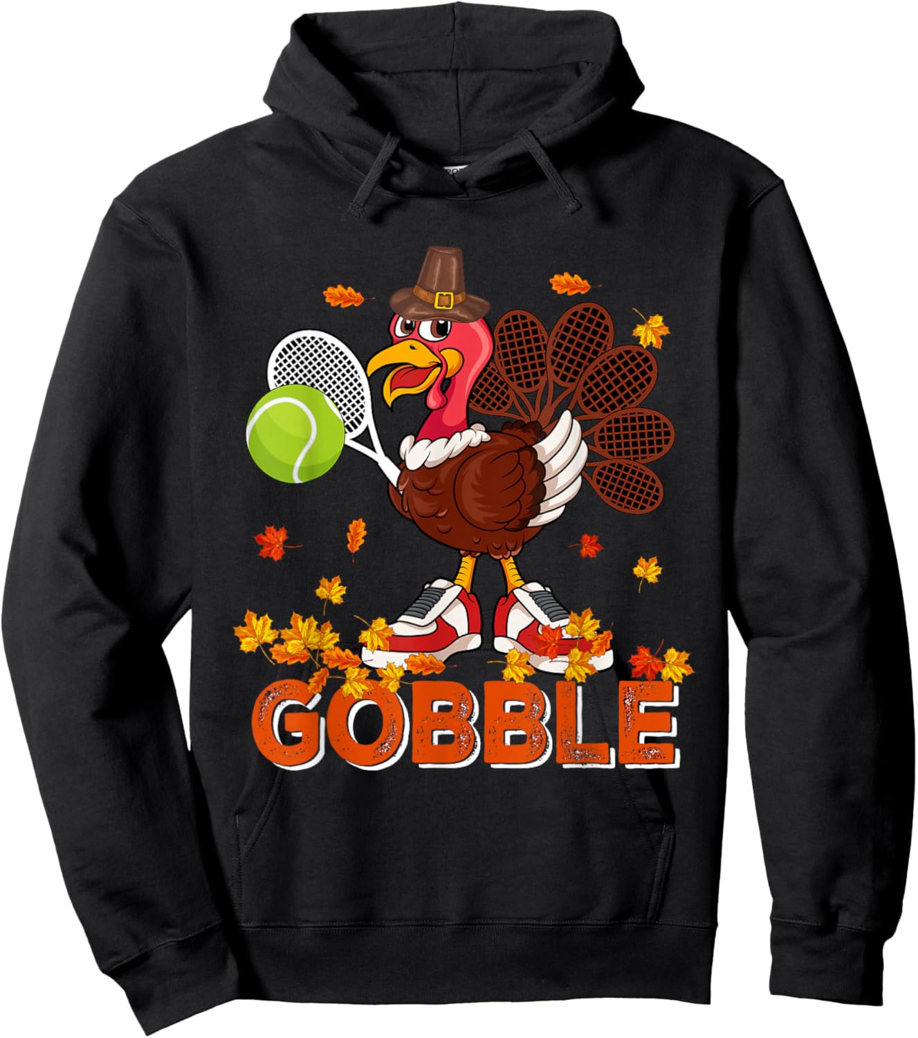 Vintage Gobble Thanksgiving Turkey Playing Tennis Player Hoodie - Hoodie | Black
