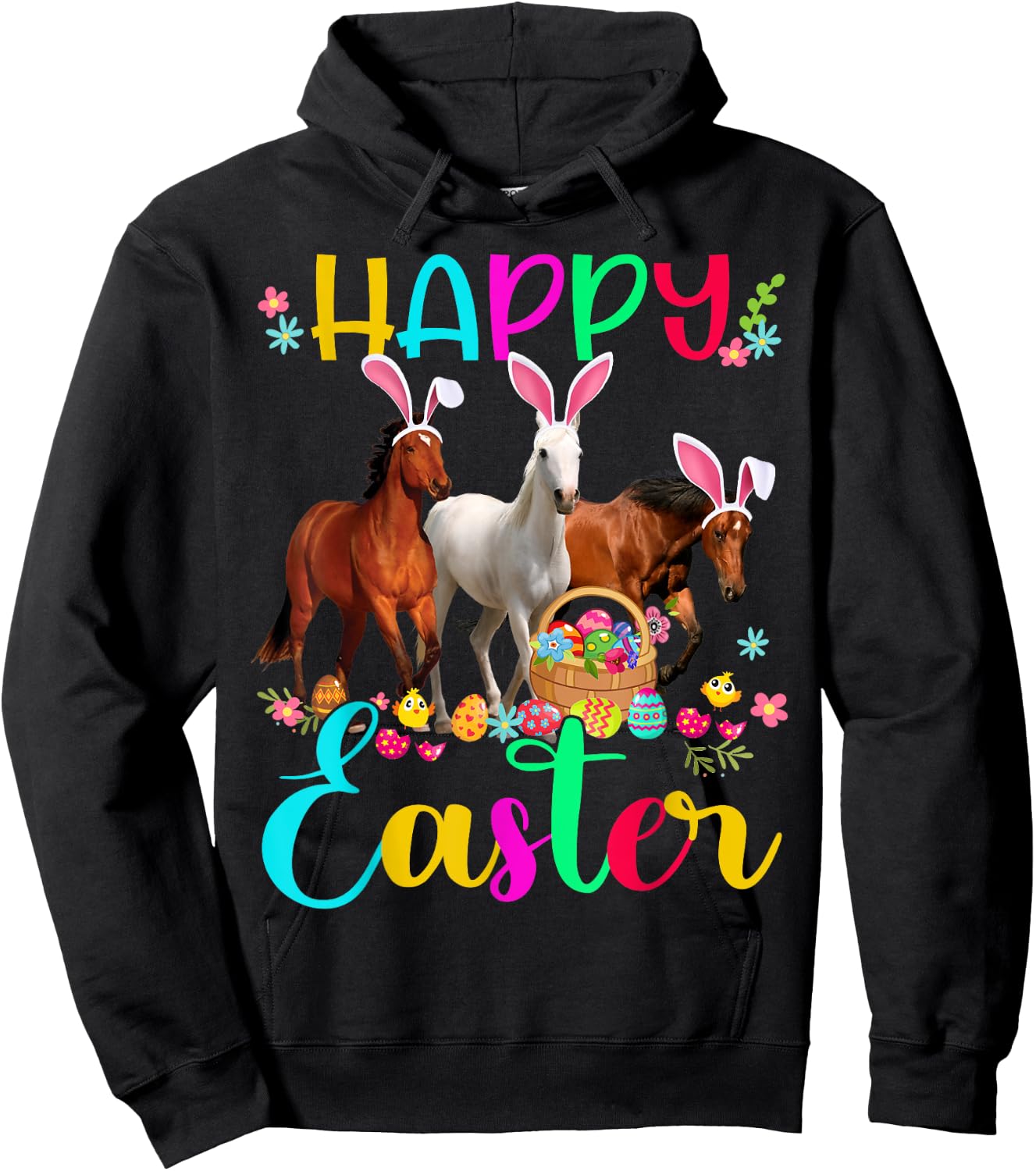 Happy Easter Horse Lover Three Horse Wearing Bunny Ear Hoodie - Hoodie | Black